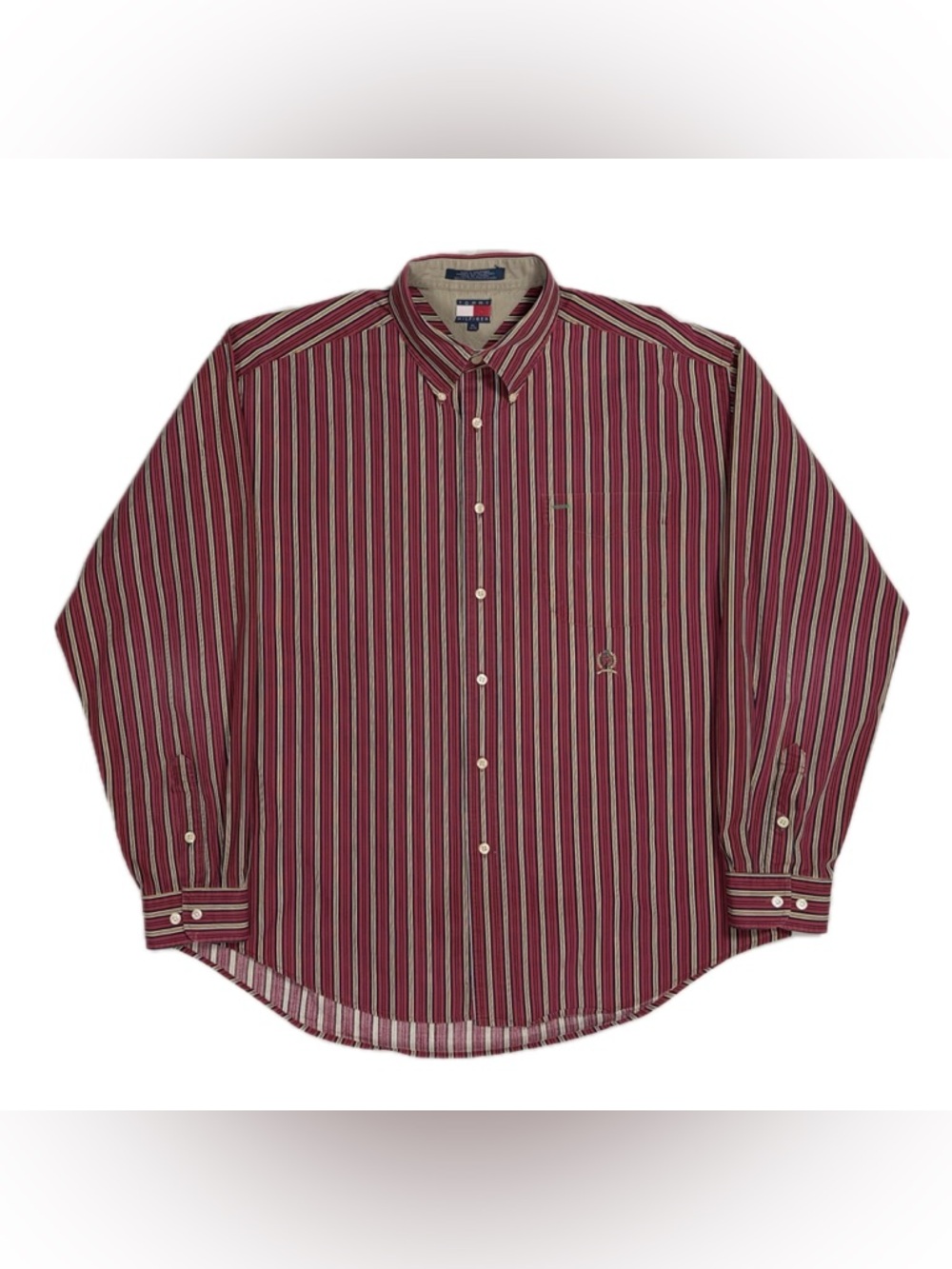 Vtg 90s Tommy Hilfiger Red Gold Striped Crest Logo Button Down Shirt Mens XL